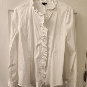 Ann Taylor White Button Down Blouse with Ruffled Collar and trim. Size Large